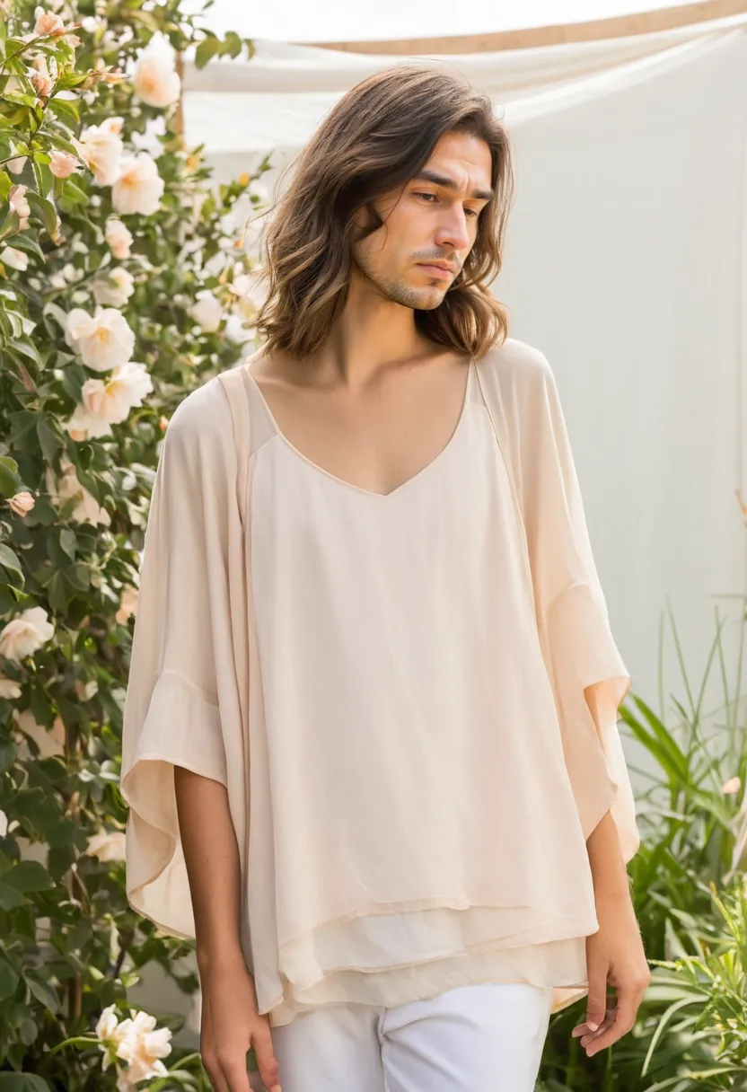 pale peach voile blouse in loose open-front style layered over cream camisole with soft tonal color layering