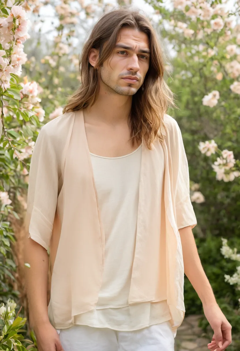 man wearing soft blouse in pale peach layered over cream camisole with lightweight voile that floats softly in blooming garden
