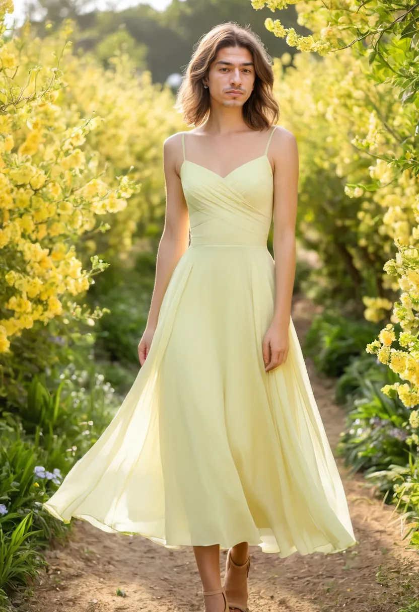 Ethereal lemon chiffon dress with full flowing skirt and fitted bodice in a soft-focus garden