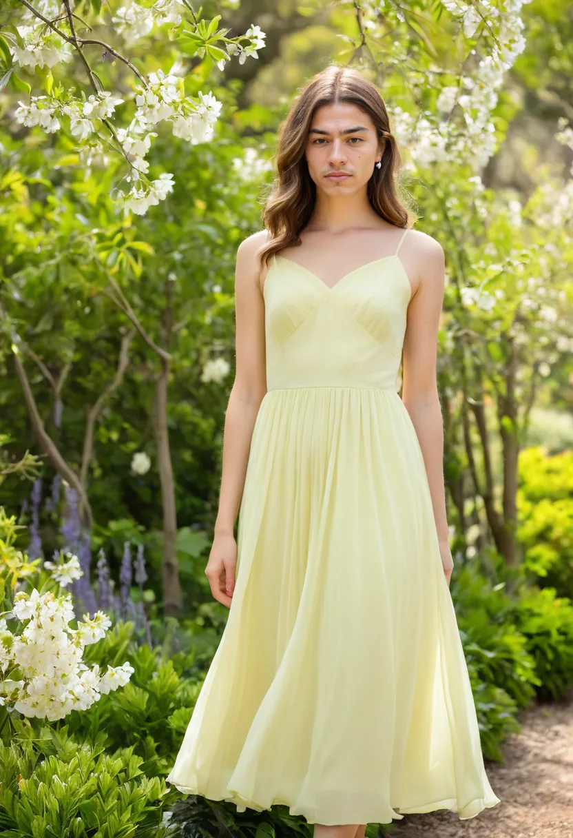 Man wearing a pale lemon yellow chiffon midi dress that glows softly in natural light