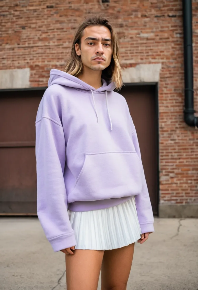Relaxed oversized fleece top paired with structured pleated skirt against brick wall