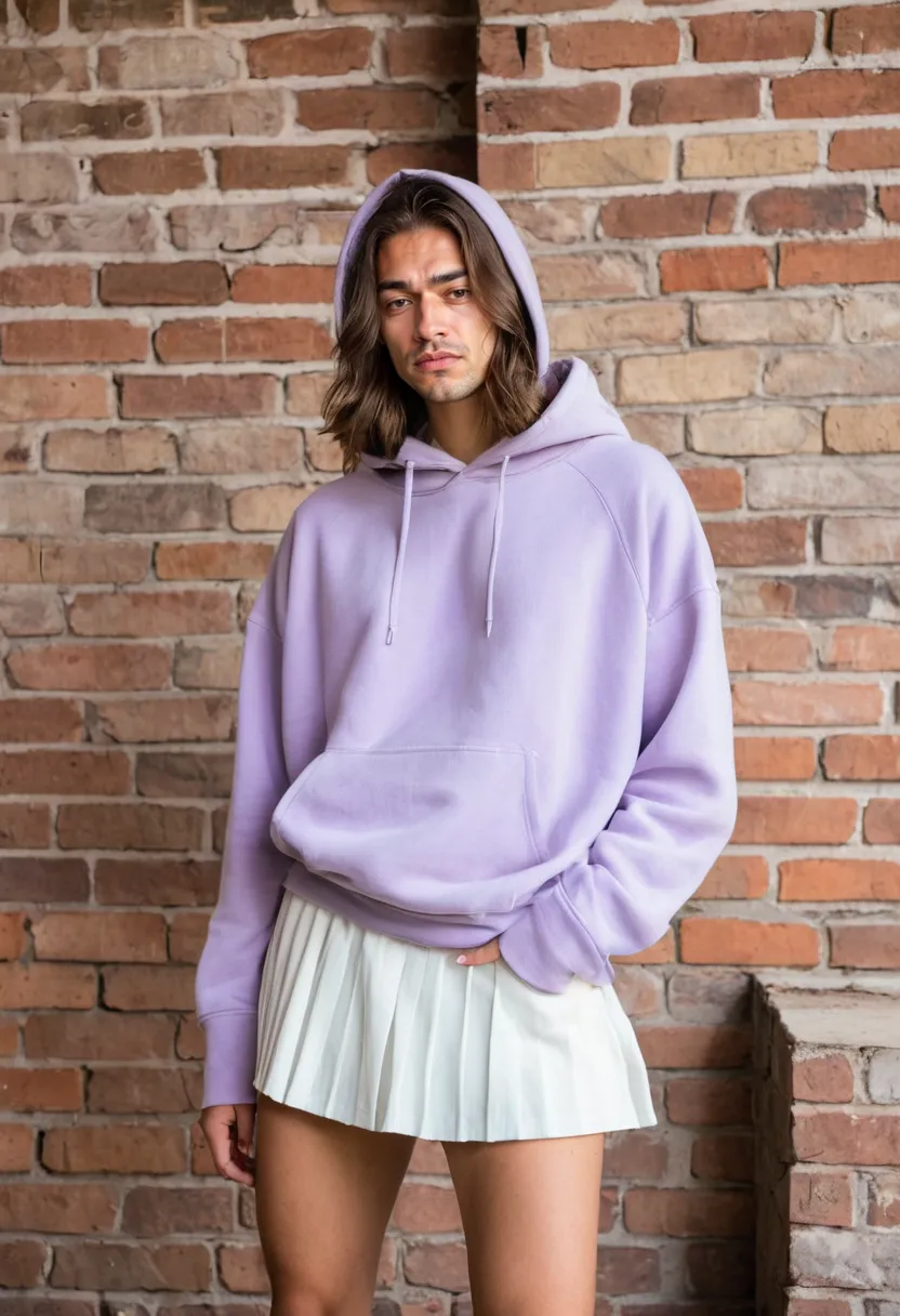 Boy wearing oversized pastel lavender fleece hoodie with white pleated mini skirt in industrial loft