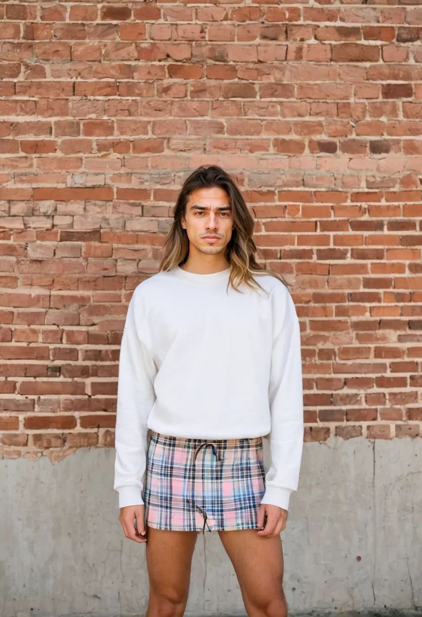 White oversized sweatshirt paired with pastel plaid skirt against brick wall backdrop