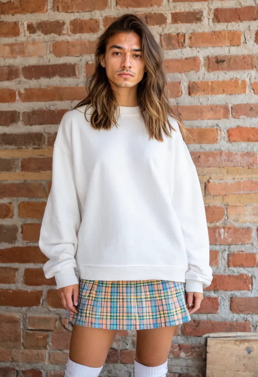 Street style feminine men look with casual jersey sweatshirt and woven plaid mini skirt