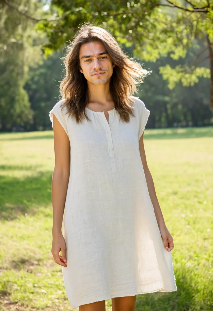 Pale natural linen summer dress with visible weave and relaxed silhouette in warm sunlight