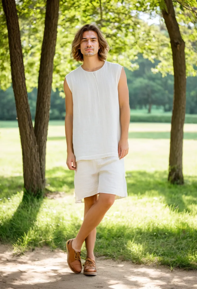 Loose oversized linen shift dress on a man, lightweight and breathable with soft crinkled hem