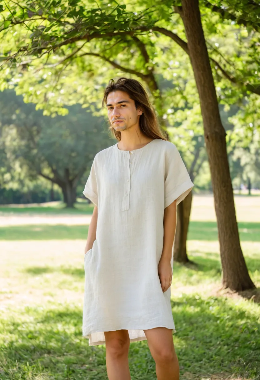 Man wearing a breezy pale linen summer shift dress with natural weave texture in a sunny park