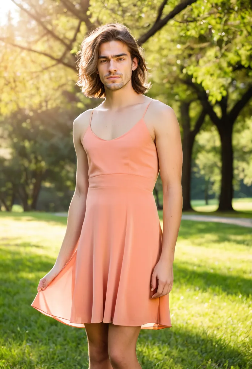 Man wearing a strappy coral chiffon sundress with four thin spaghetti straps and a layered sheer hem.