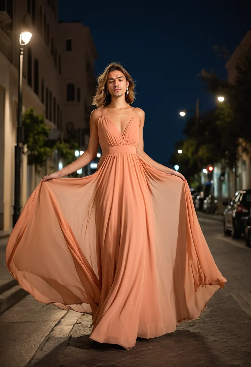 Feminine coral chiffon maxi dress with fabric moving in wind for summer pretty outfits boys