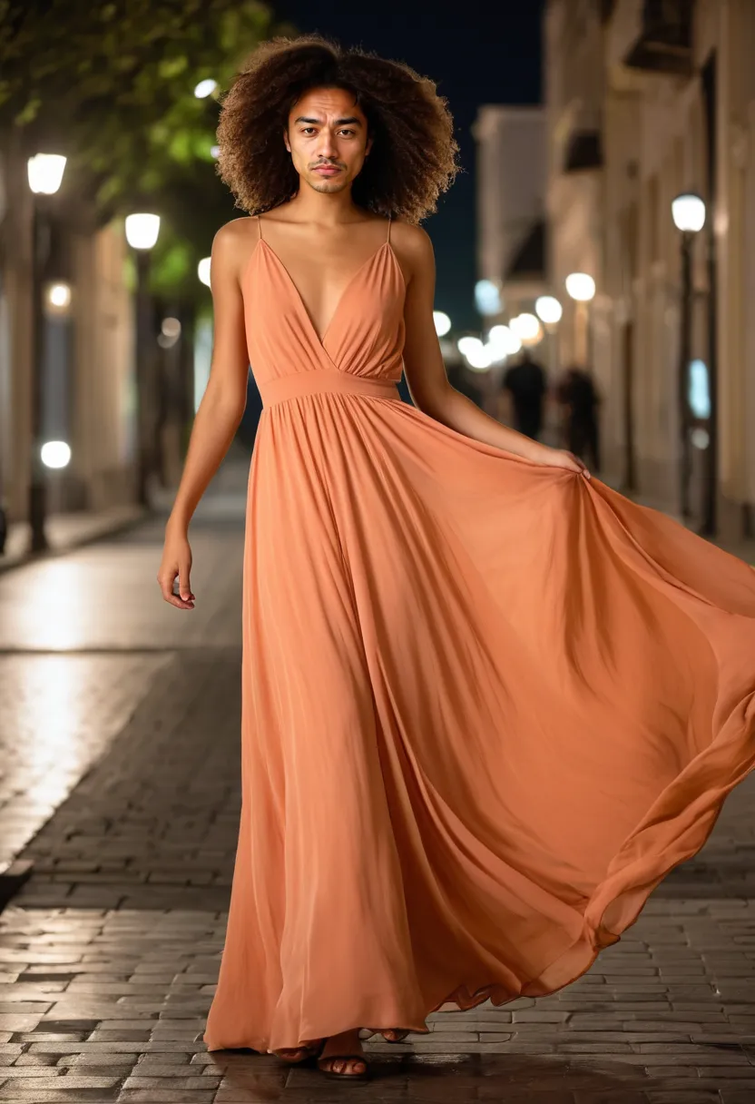 Summer pretty outfit for boys with generous volume coral chiffon maxi dress billowing in breeze