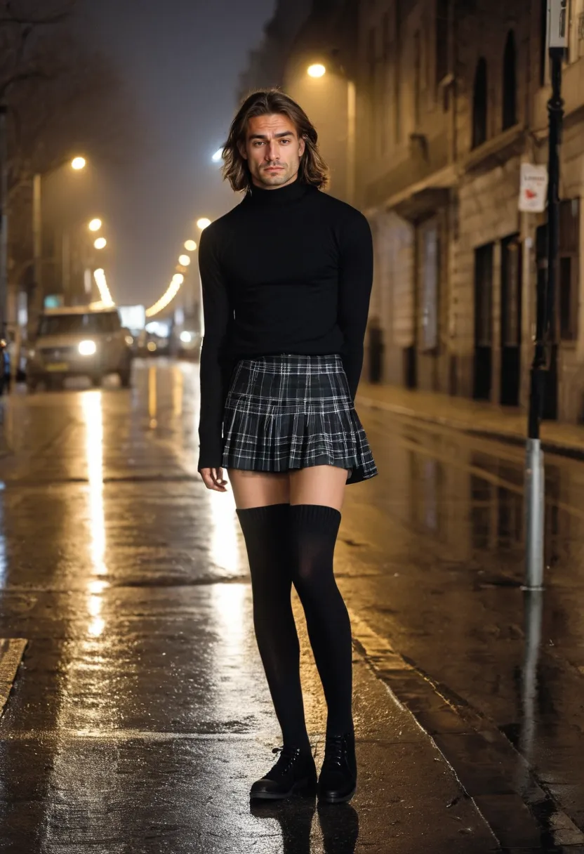 Man wearing black thigh-high socks with ribbed cuff and plaid mini skirt on wet night street