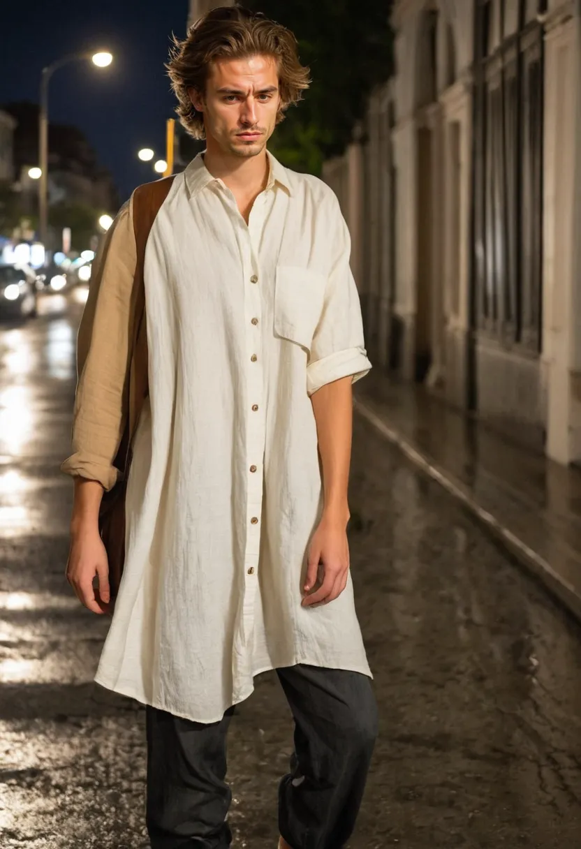 Unisex style looks combining masculine shirt fabric against soft feminine skirt silhouette