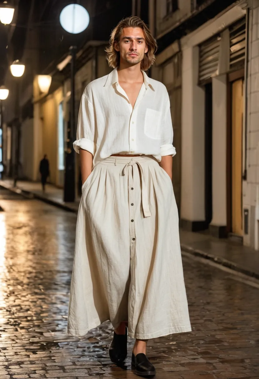 Genderless fashion styling featuring linen shirt and midi skirt in soft cream tones on a night street