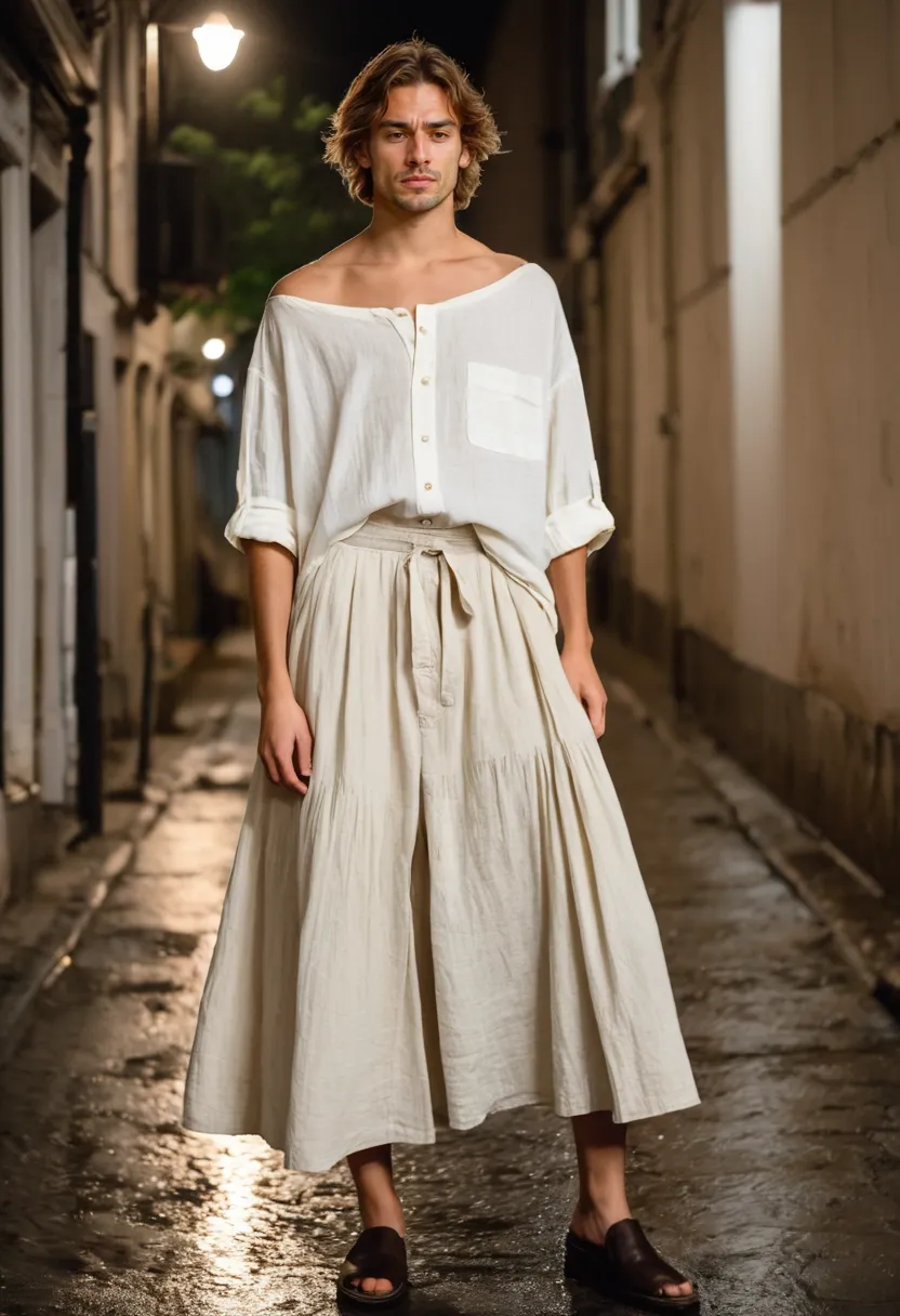 Boy wearing oversized pale cream linen shirt with flowing midi skirt mixing masculine shirt fabric with feminine silhouette