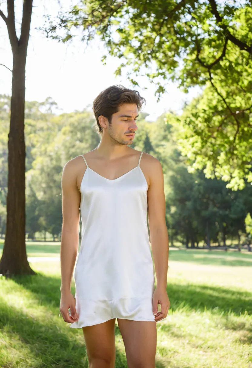 White satin slip dress with subtle liquid sheen draping in smooth clean lines on a man