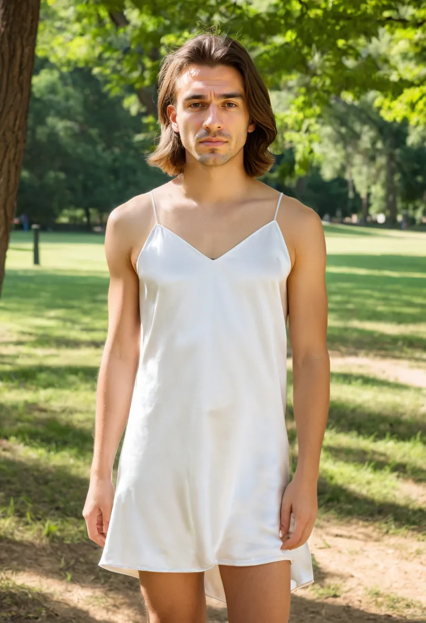 Man wearing a simple white satin slip dress with thin straps and bias-cut skirt in sunny park