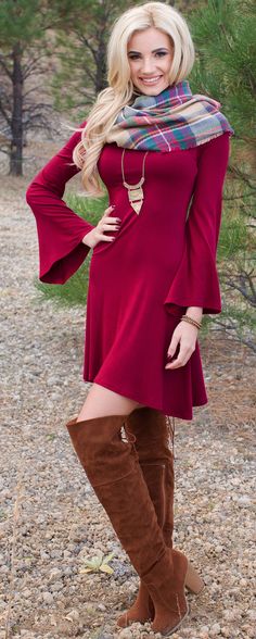 Burgundy Bell Sleeve Dress - Popular Styles 2017