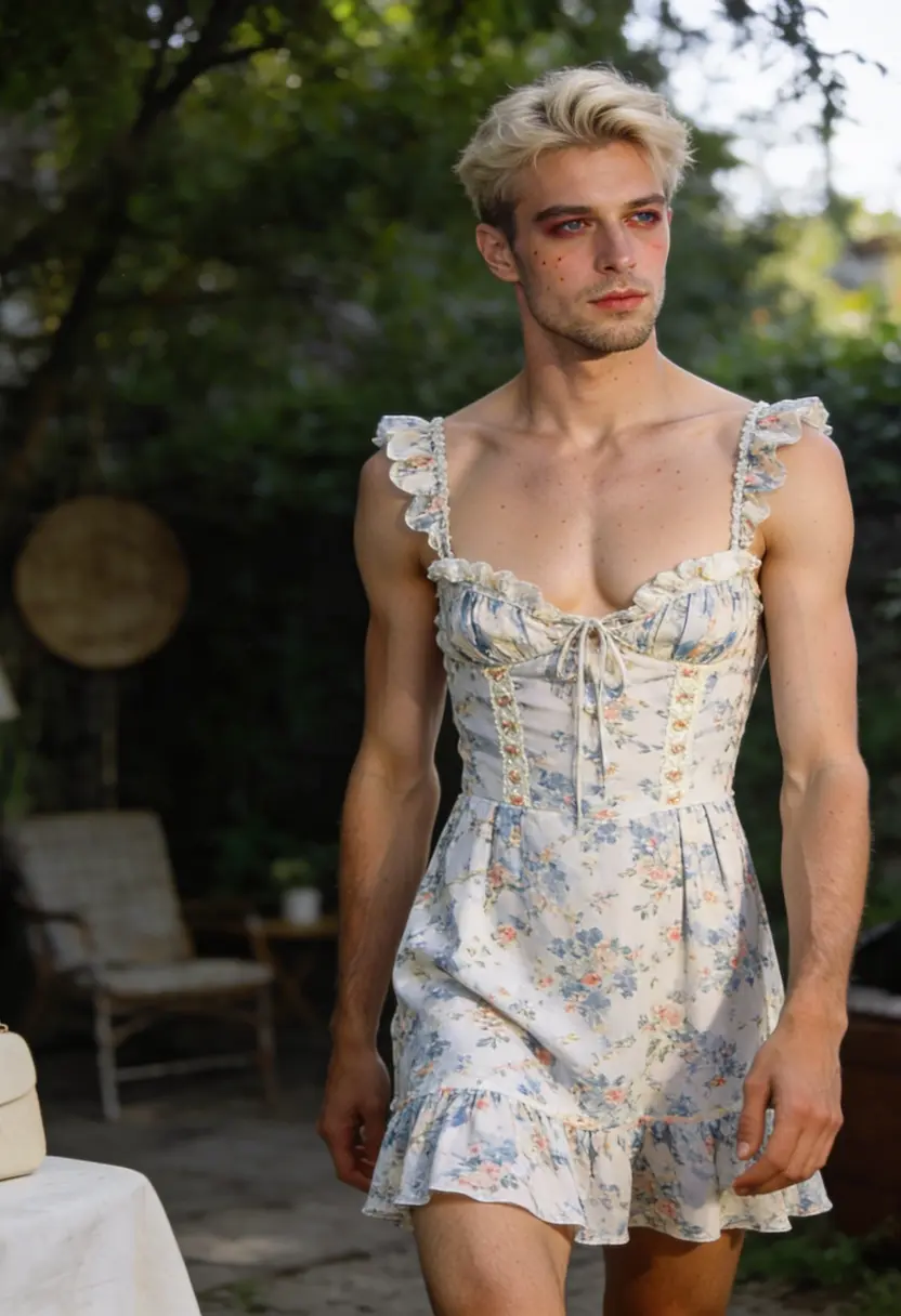 crossdressing boy accessories and outdoor setting