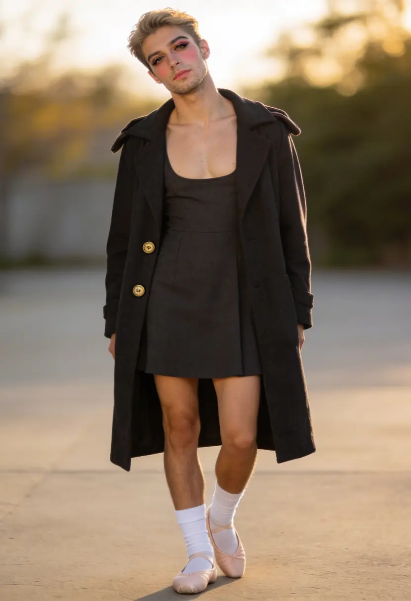 crossdressing boy ballet flats white socks dark coat