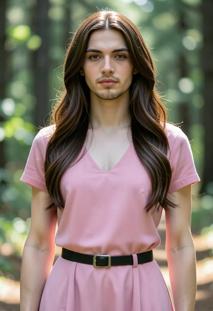 crossdressing boy black belt long brown wig forest