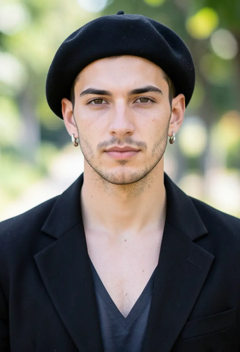 crossdressing boy black beret black jacket neutral makeup