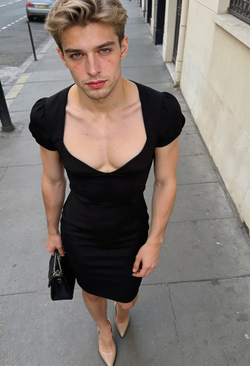 crossdressing boy black skirt and top neutral heels simple handbag