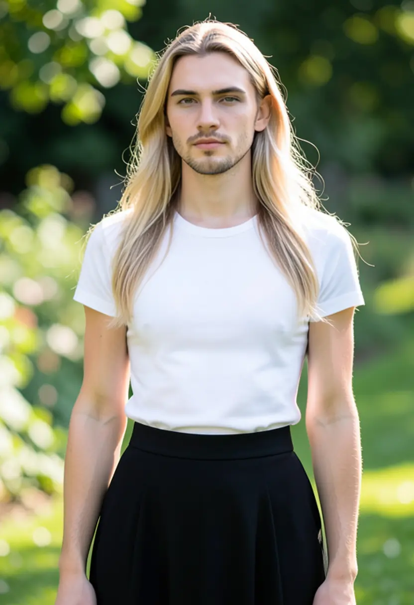 crossdressing boy black skirt white top outdoor