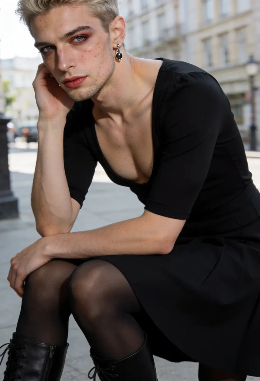 crossdressing boy black top midi skirt tights