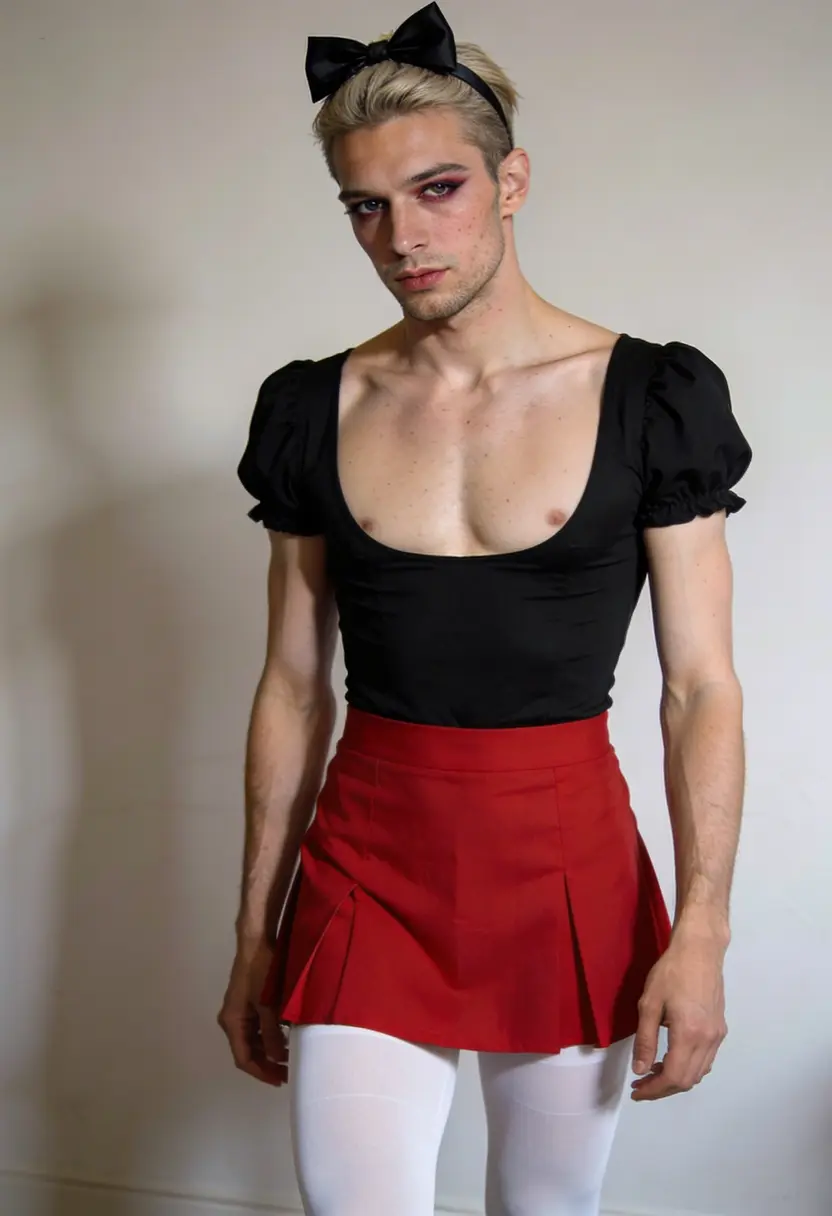 crossdressing boy black top red skirt white tights