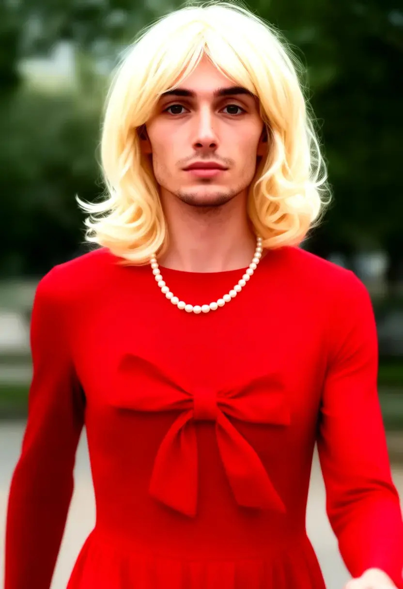 crossdressing boy blonde wig pearl necklace