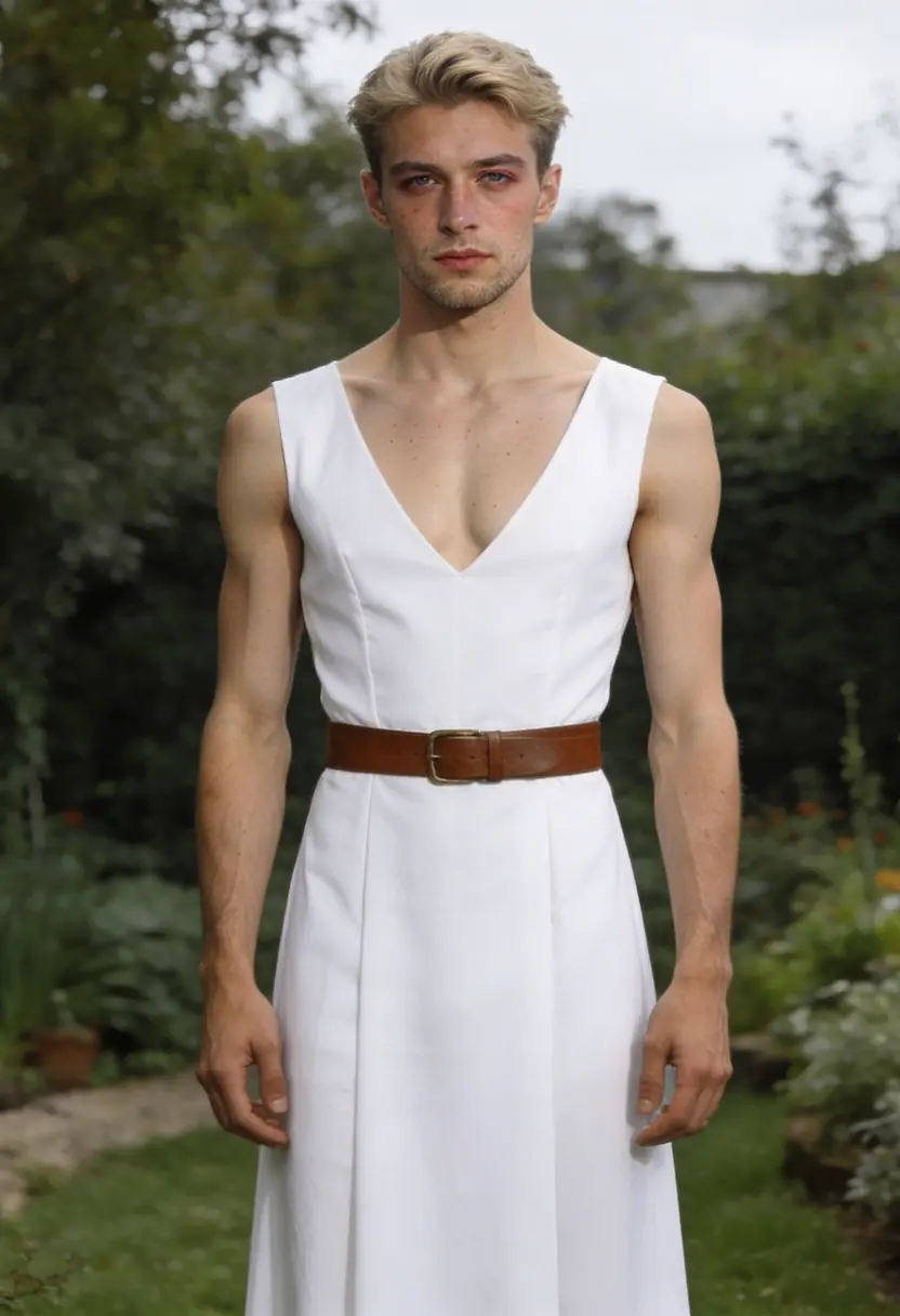 crossdressing boy brown belt garden neutral colors