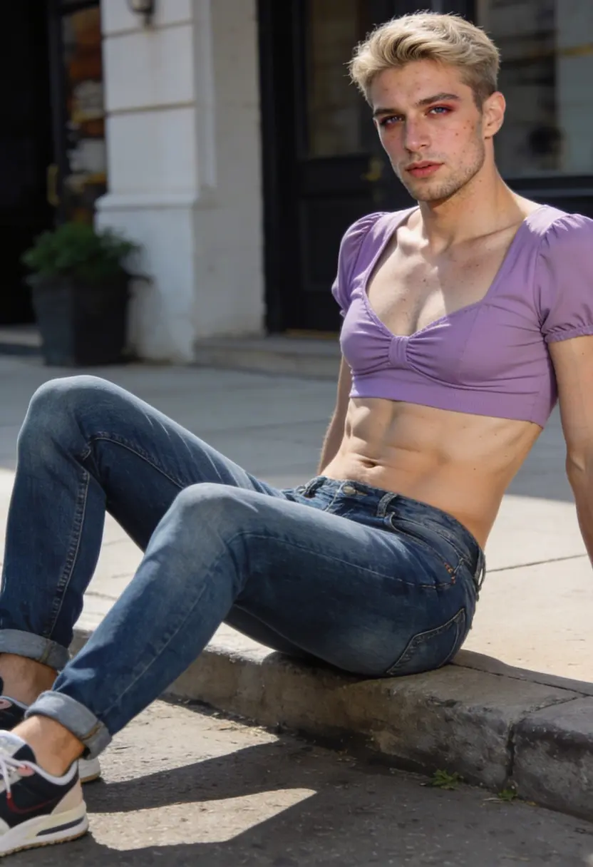 crossdressing boy casual chic style lavender top jeans