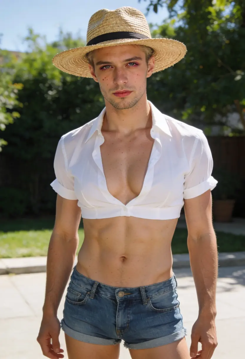 crossdressing boy casual white shirt denim shorts straw hat