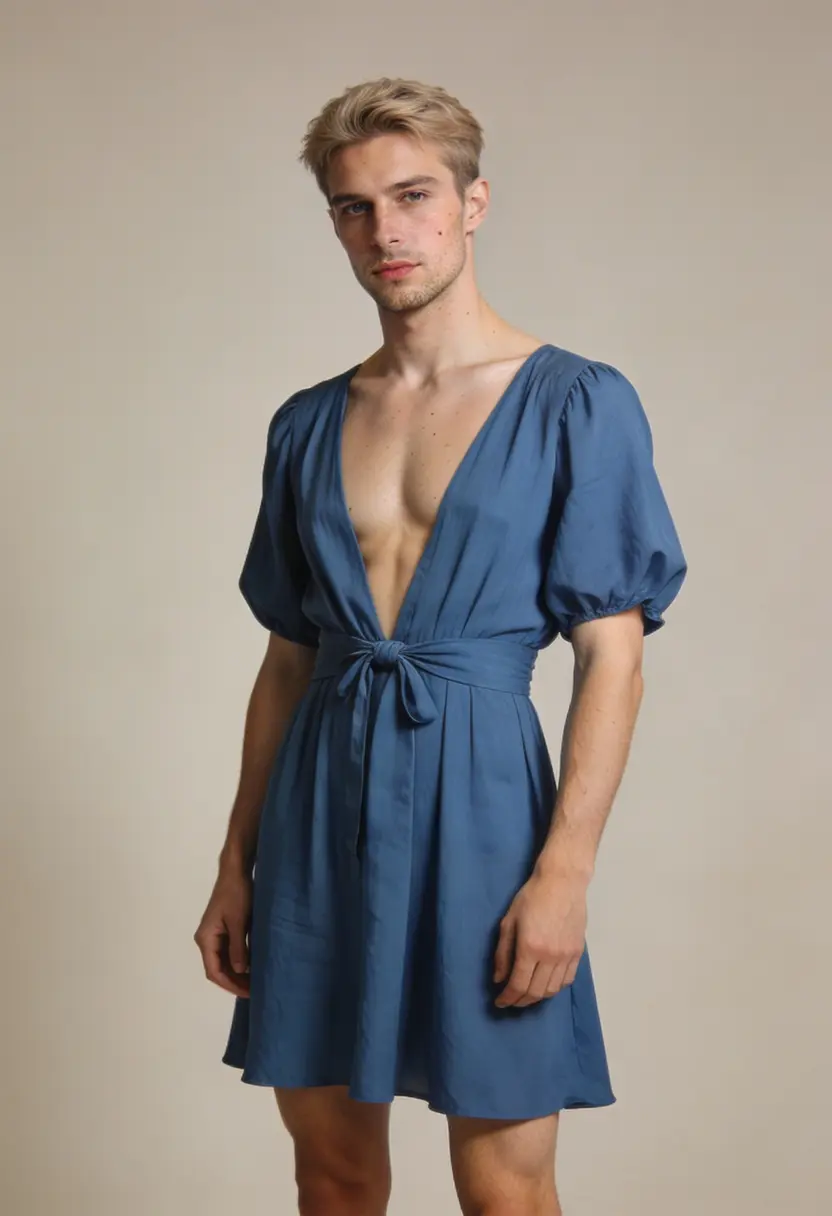 crossdressing boy cinched waist neutral backdrop