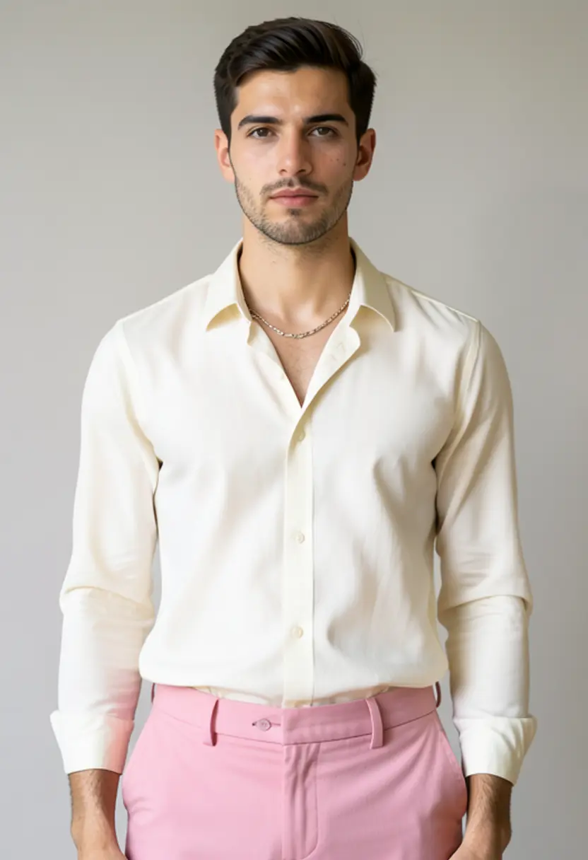 crossdressing boy cream blouse pink trousers neutral backdrop