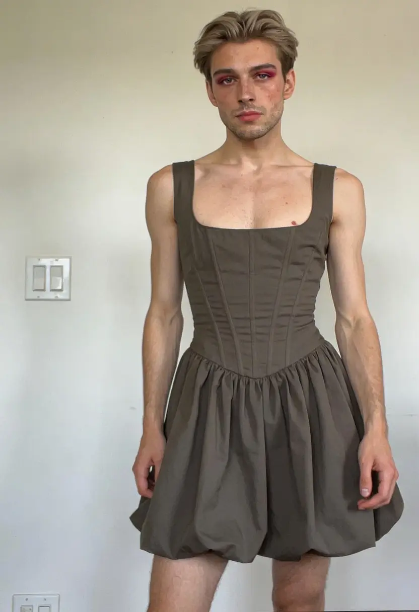 crossdressing boy defined waist loose hem casual setting