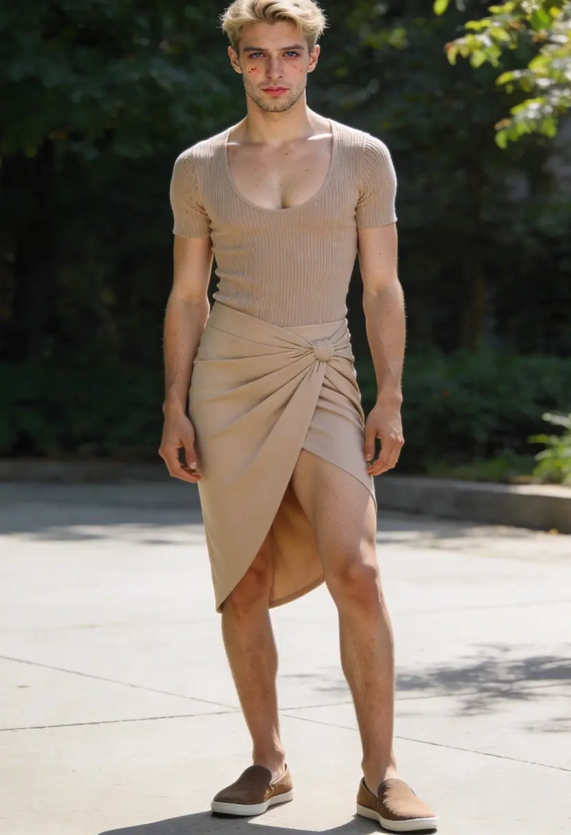 crossdressing boy editorial wrap skirt stretchy knit top