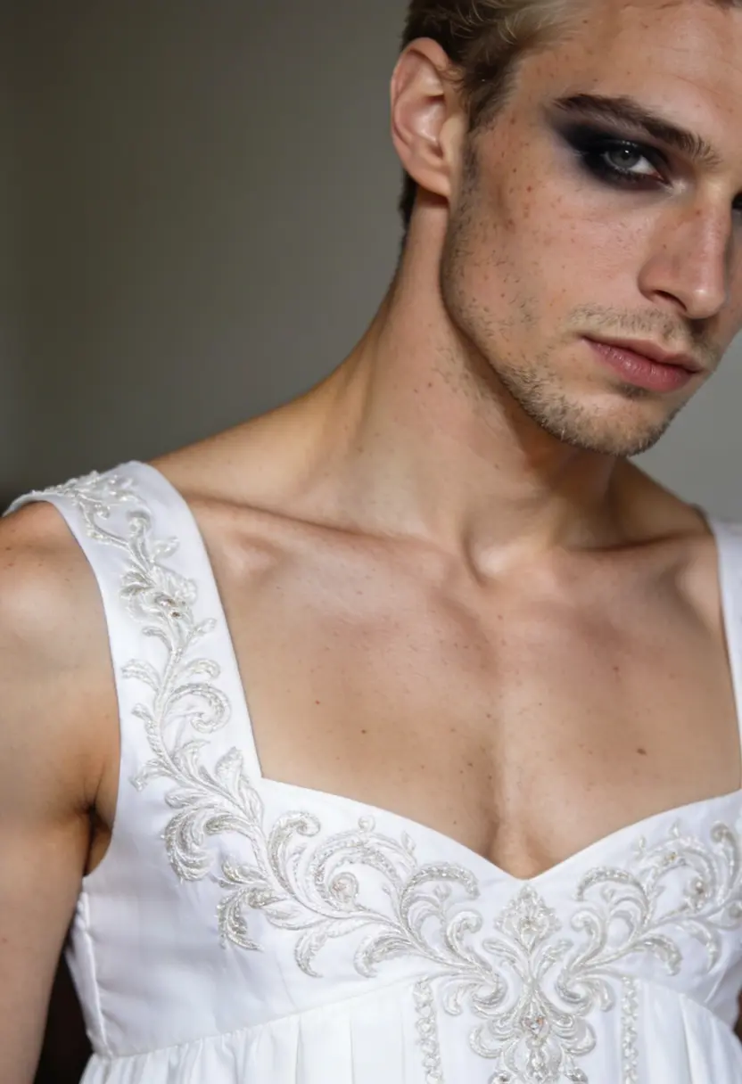 crossdressing boy elaborate embroidery smokey eyeshadow