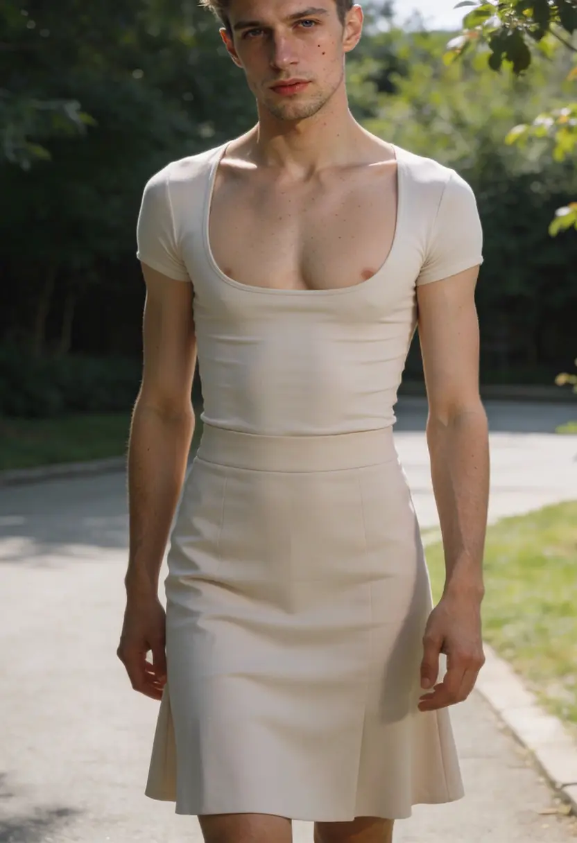 crossdressing boy fitted top mid length skirt simple feminine staples