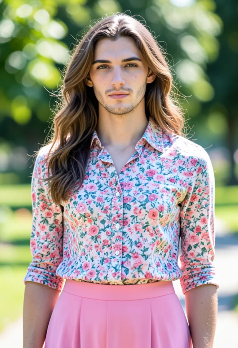 crossdressing boy floral blouse pink skirt bright daylight