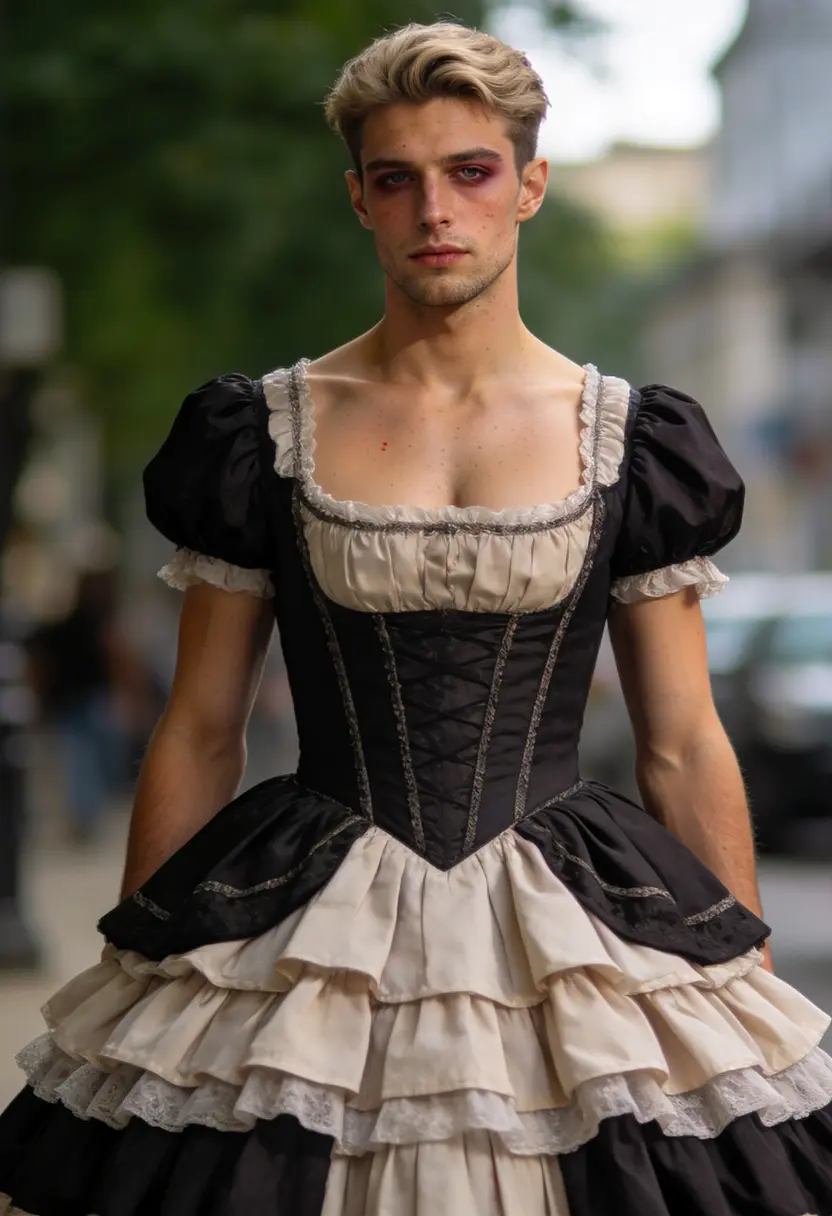 crossdressing boy full layered skirt restrained makeup
