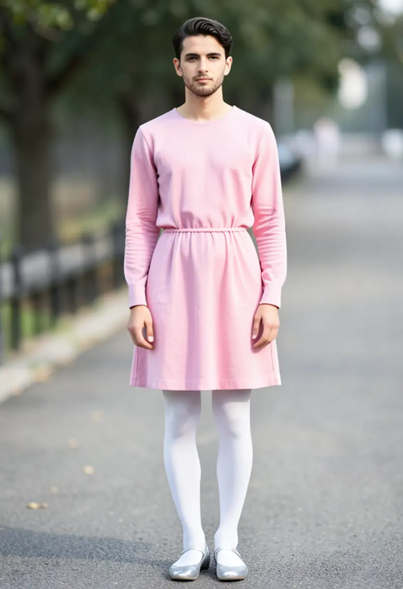 crossdressing boy full length view white tights mary janes