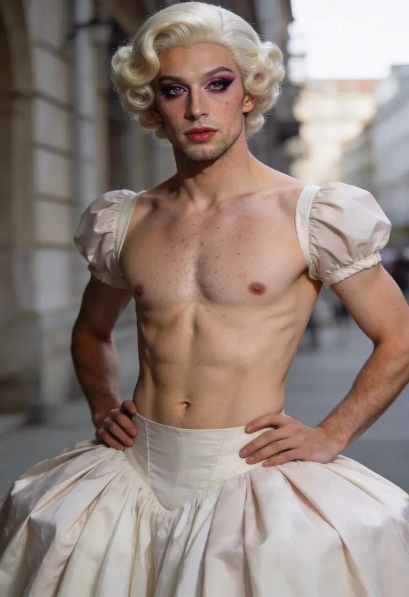 crossdressing boy full makeup wig voluminous skirt