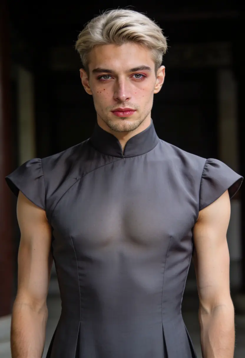 crossdressing boy high neckline cap sleeves modest