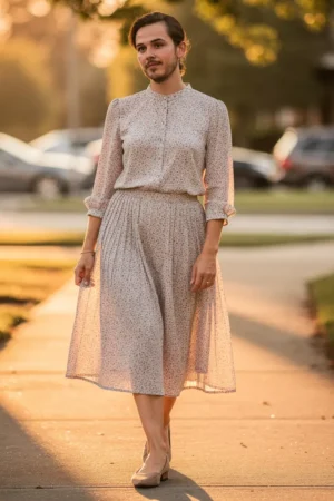 crossdressing-boy-knee-length-skirt-floral-top-outdoor