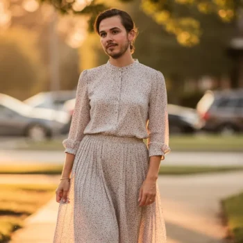 crossdressing-boy-knee-length-skirt-floral-top-outdoor