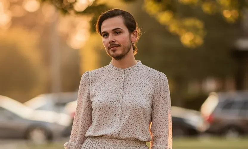 crossdressing-boy-knee-length-skirt-floral-top-outdoor