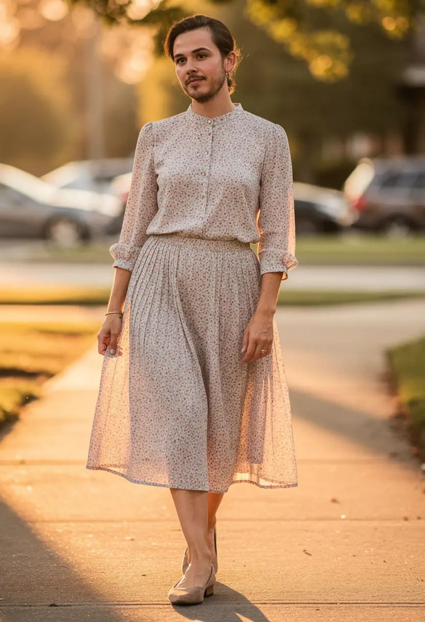 crossdressing boy knee length skirt floral top outdoor