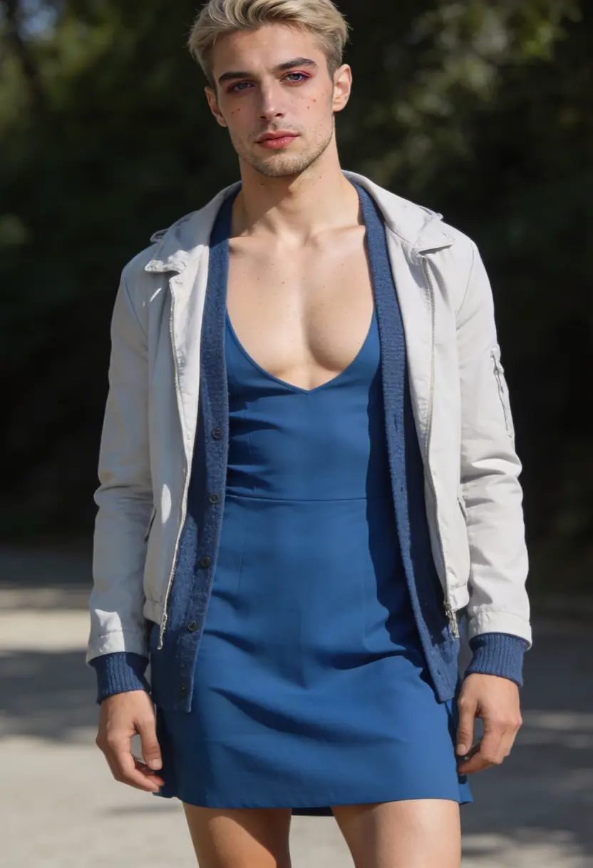 crossdressing boy layered cardigan light jacket outdoors