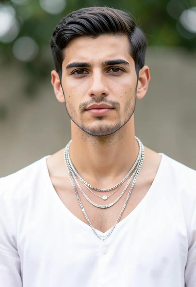 crossdressing boy layered necklaces outdoor neutral background